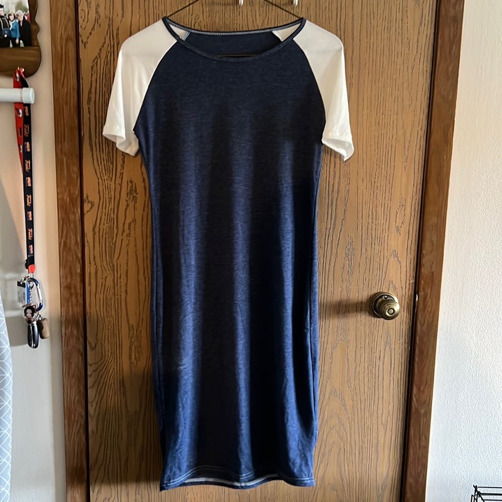 Navy and White Long T-shirt Dress